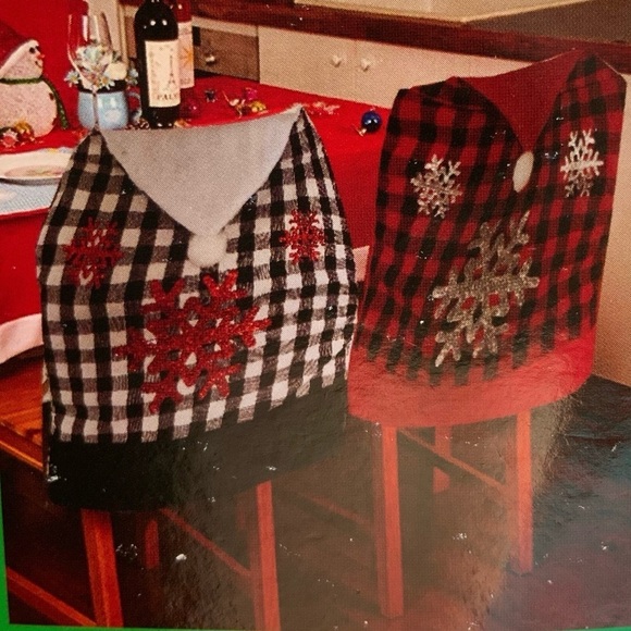 Chair Covers Santa Hat Buffalo Check Snowflake Set of 4 Black White Check - Picture 1 of 8
